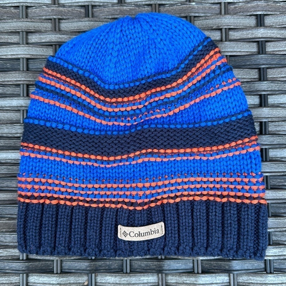 Columbia Youth Multi Blue and Orange Striped Fleece Lined Knit Beanie
